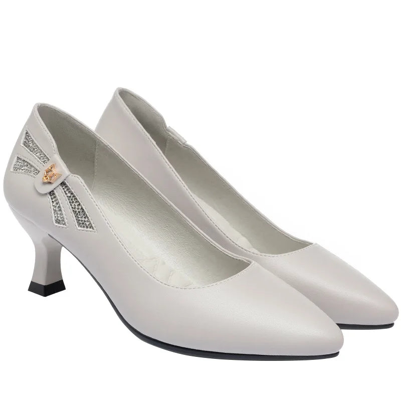 Genuine Leather Women's Shoes 2023 Spring New Single Leather Shoes Work Shoes Mid-high Heel All-match Ladies Women's Shoes