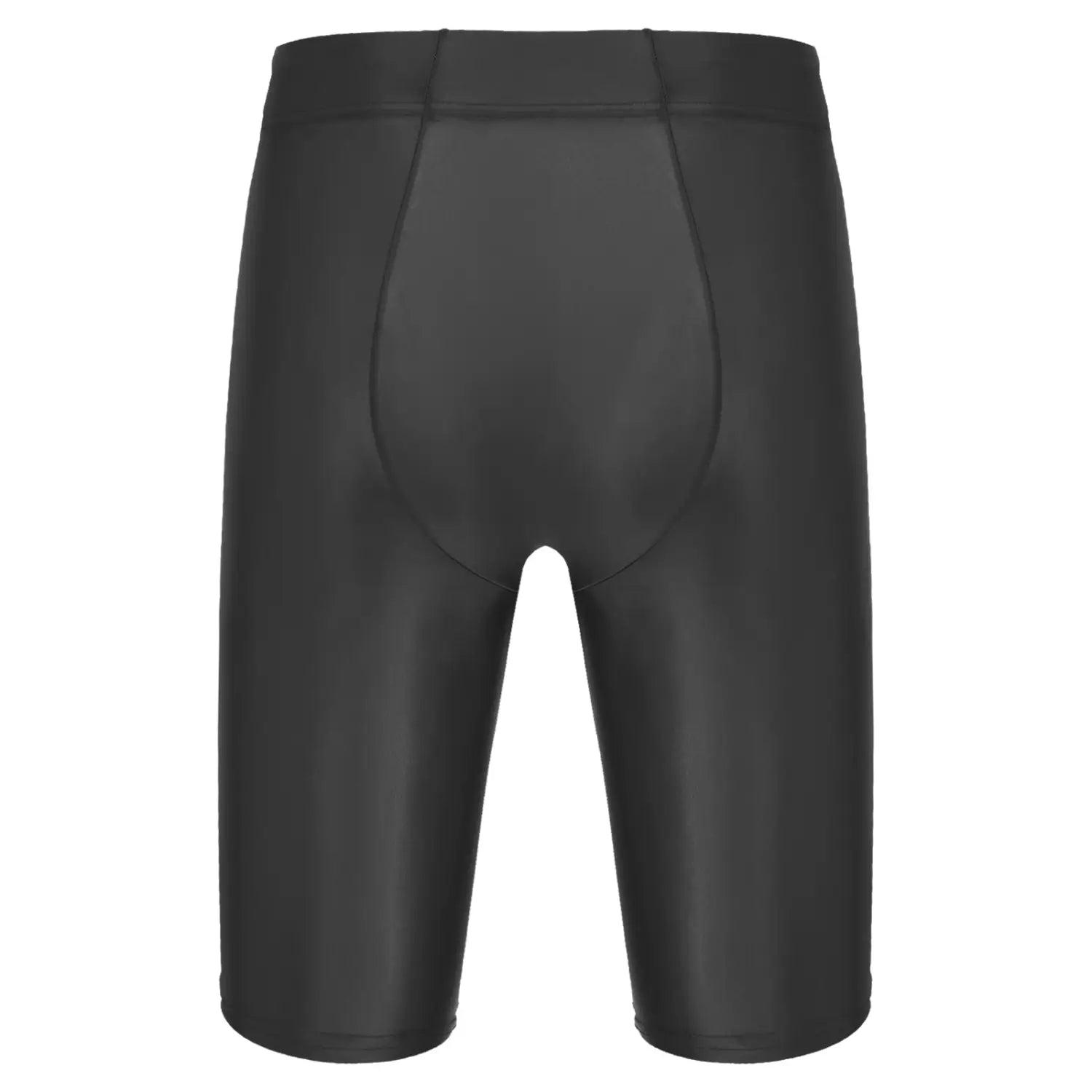 Shorts de compresión negros ajustados, con material liso y elegante y detalles sutiles de costura, mostrados desde la parte trasera como parte de la línea de productos de la camiseta de compresión para hombre de manga larga y acabado brillante