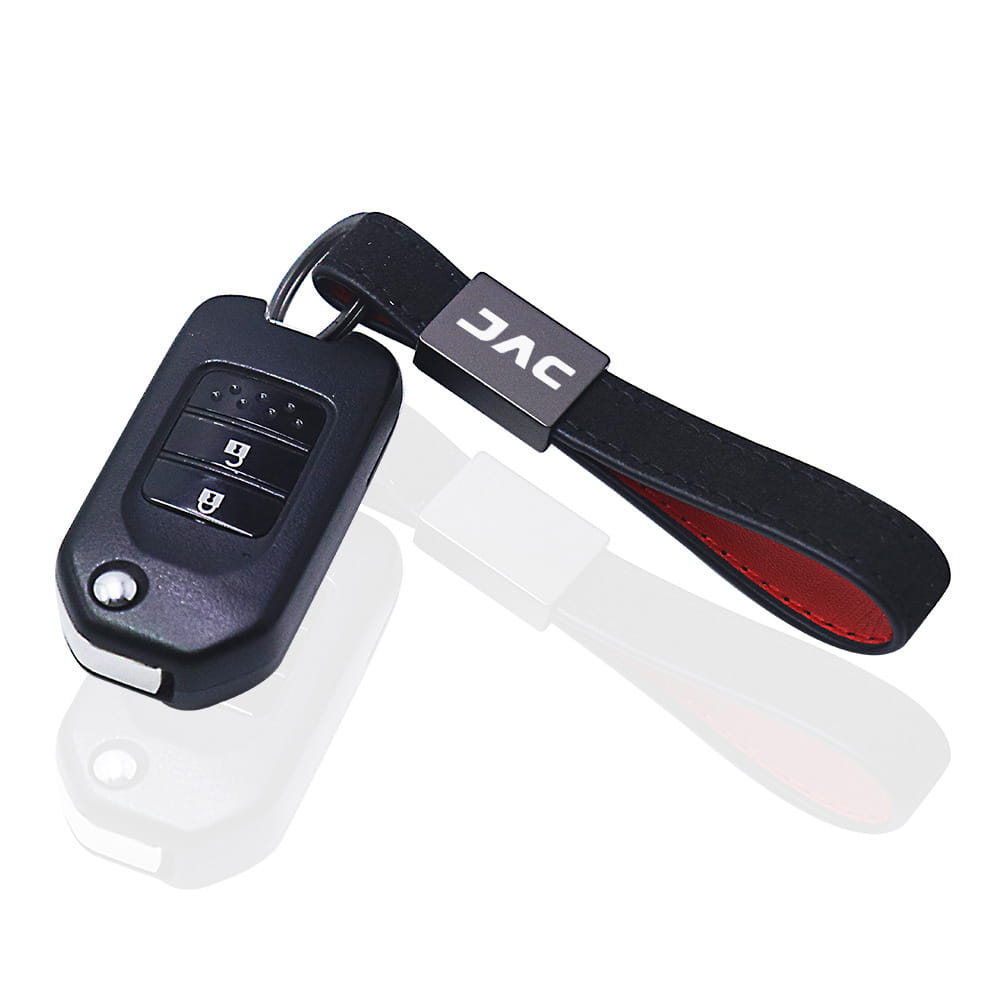 Black jac leather car keychain with red stitching featuring a black jac car key fob, black leather strap, red lining, and silver logo tag.