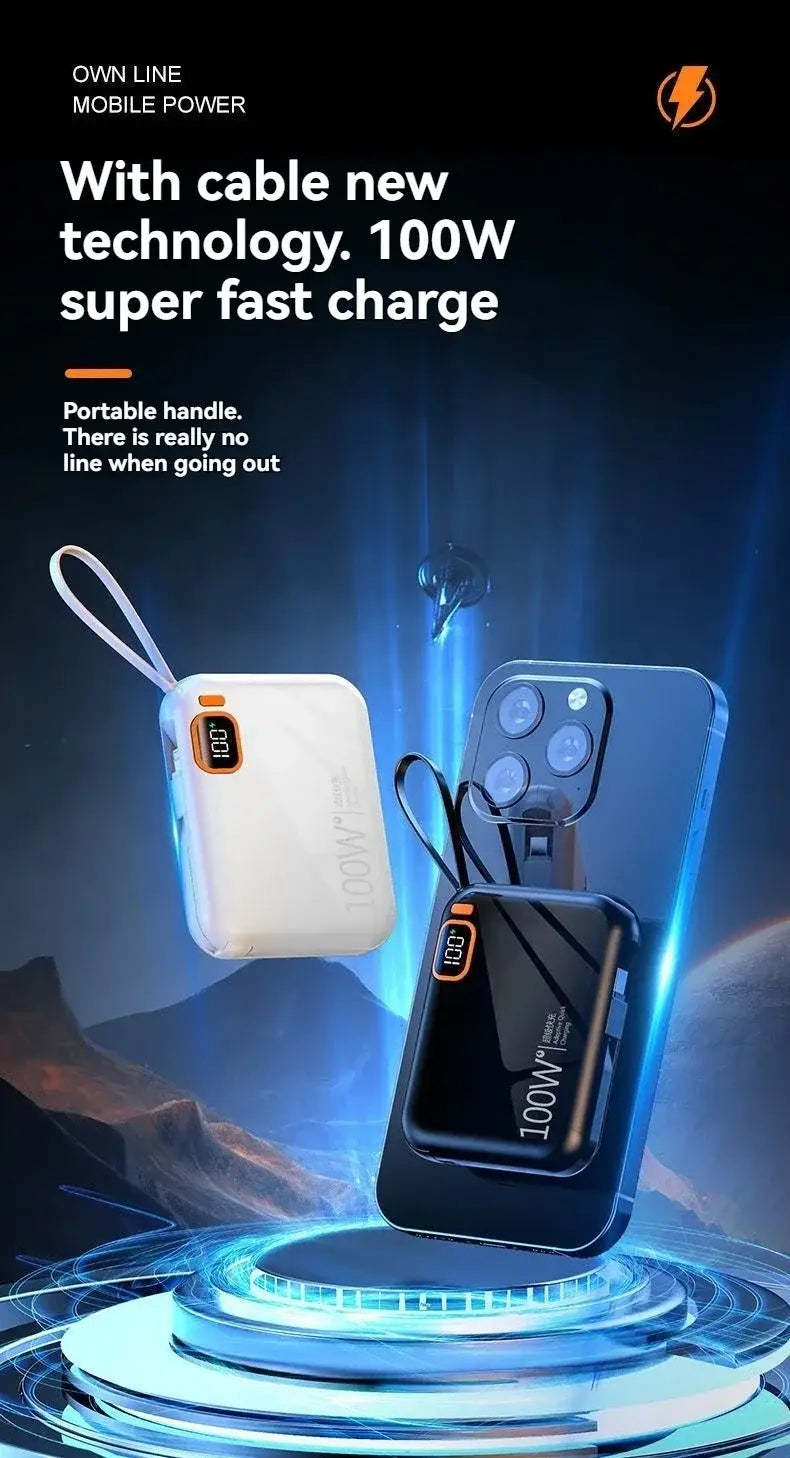 white and black 100w quick charge power banks with 20000mah capacity built-in cable technology and a portable handle for easy carrying