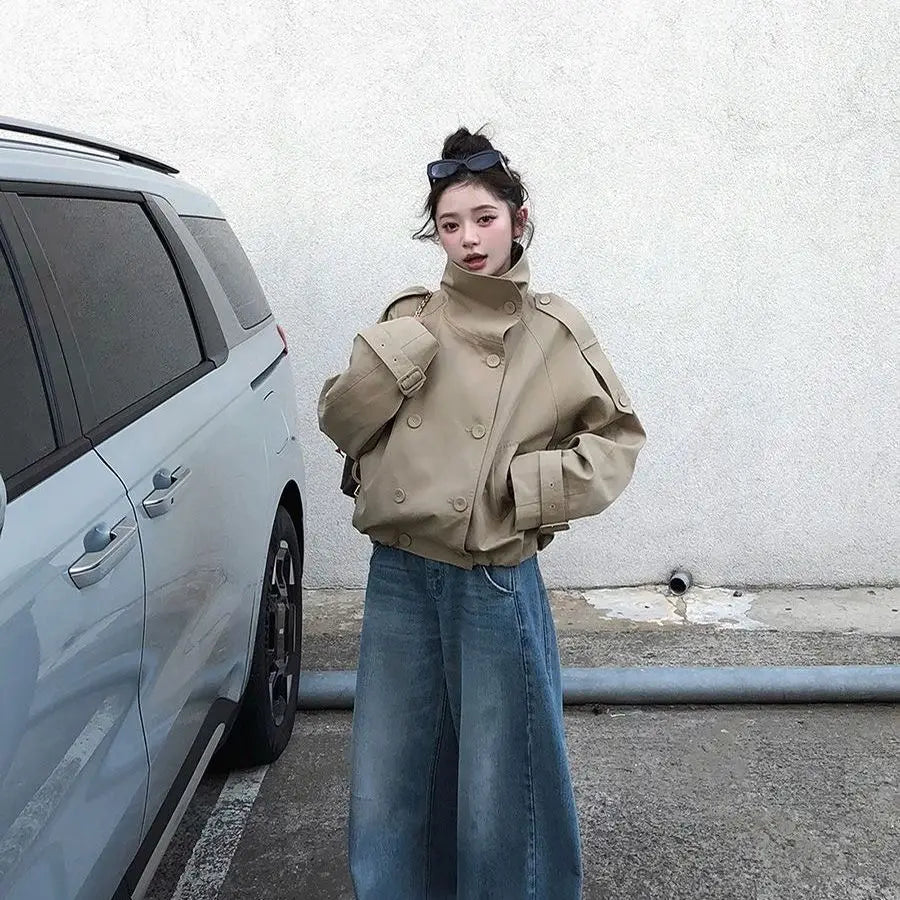 Women's 2026 Korean Style Relaxed Trench Coat Vintage Khaki Utility Jacket Spring Fall Casual Chic Versatile Outerwear
