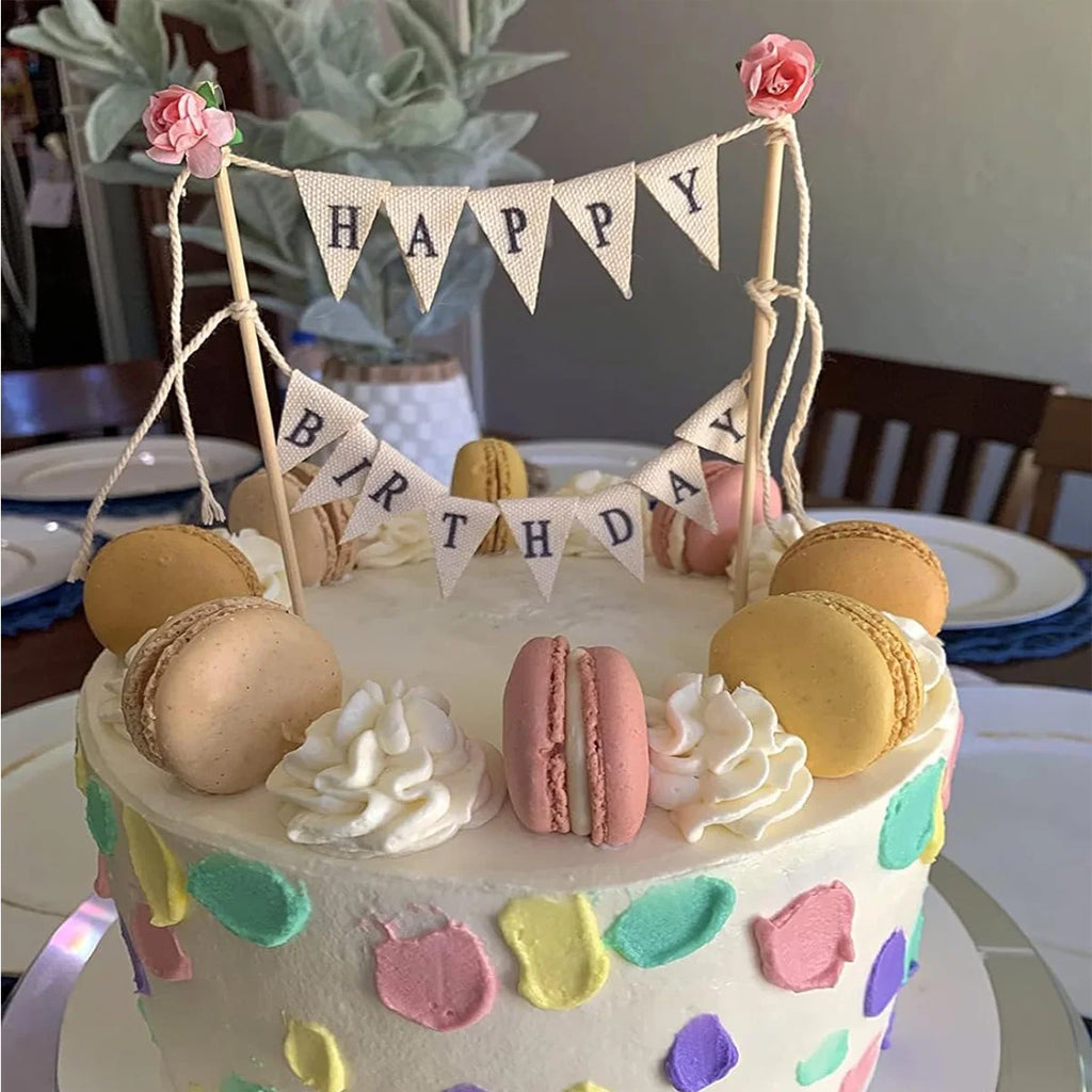 Happy Birthday Cake Bunting Topper Cake Topper Garland, Handmade Pennant Flags with Wood Pole Ivory (With Pink Rose)