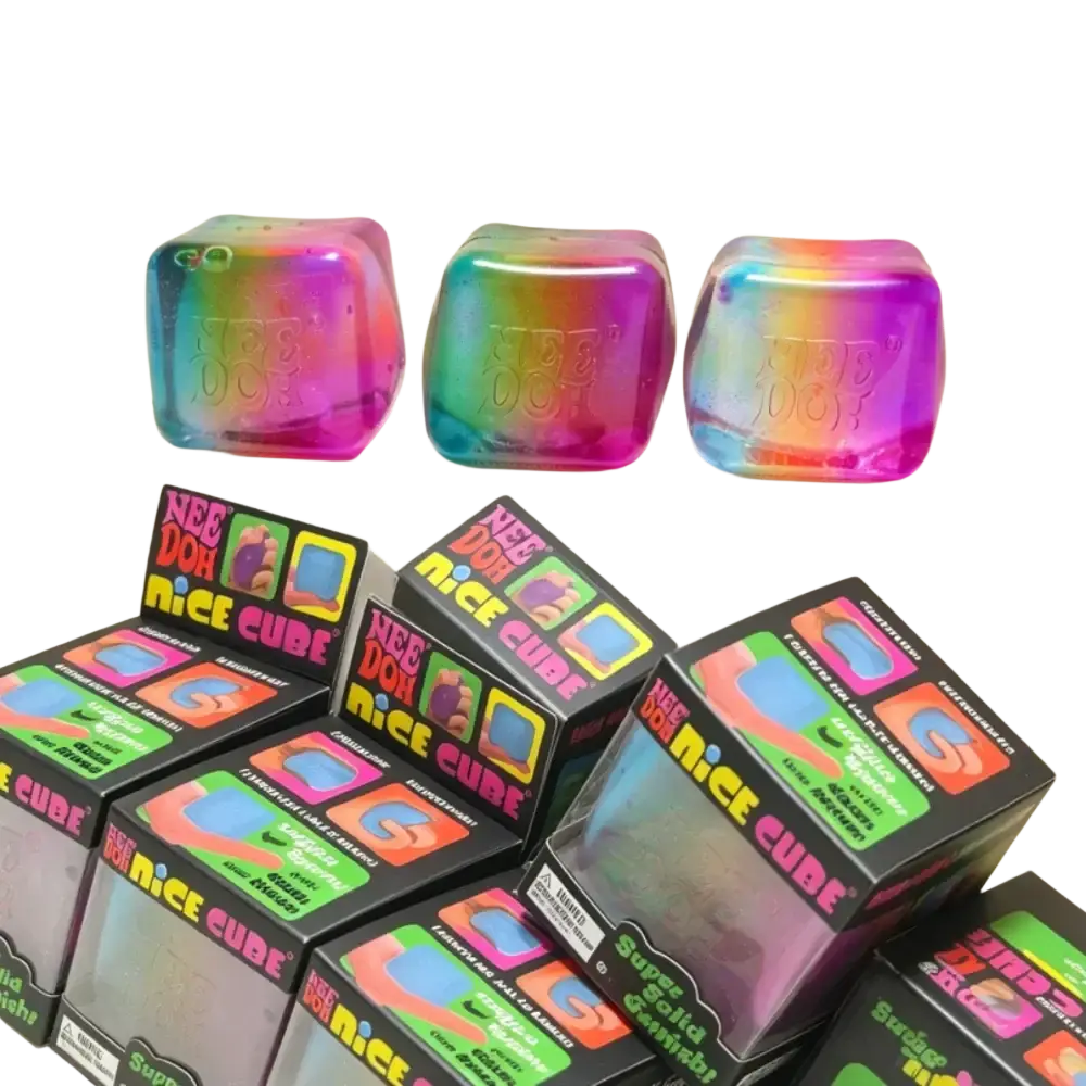 Front view of a rainbow-colored translucent neeDoh cube squishy sensory fidget toy in clear plastic packaging