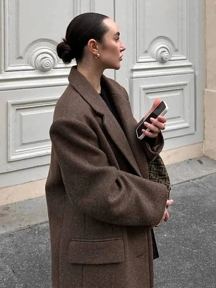 brown wool blend overcoat for women featuring a classic collar and front pockets ideal for winter commuter wear