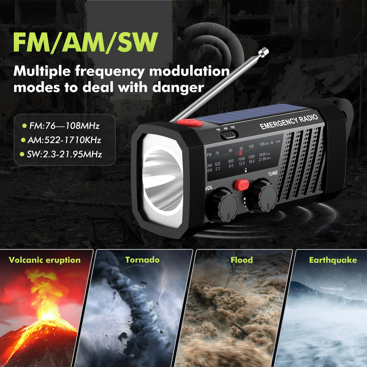 Emergency Radio with SOS Alarm, AM/FM/SW & Flashlight. 2000mAh Battery & Solar/Hand Crank Charging for Outdoor Survival.