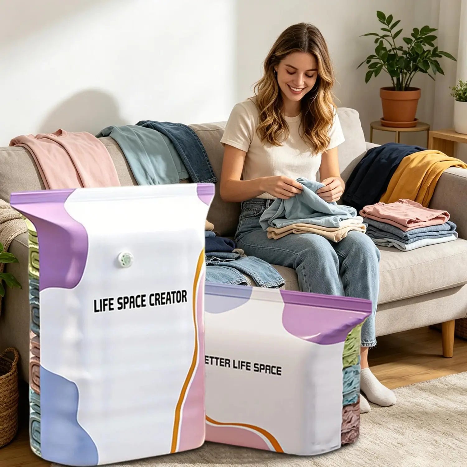 Weiße und violette aufblasbare Vakuum-Aufbewahrungsbeutel mit Aufdruck „Life Space Creator“, ausgelegt als große platzsparende Lösung für Wäscheaufbewahrung