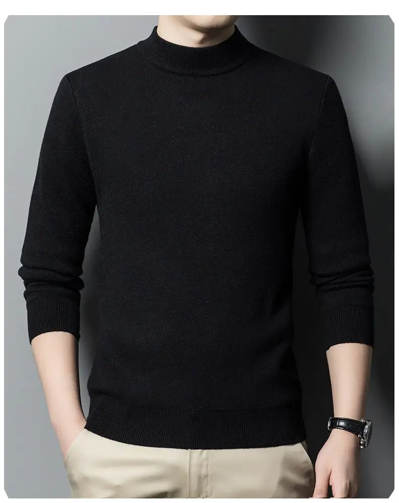 Schwarzer Pullover mit langen Ärmeln und Rollkragen aus weichem Strickstoff für Herren, Casual-Winterpullover