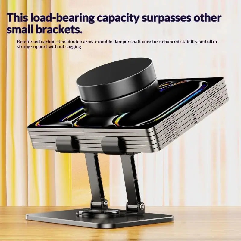 Black reinforced carbon steel tablet phone stand with double damper shaft core and adjustable legs for an aluminum alloy tablet phone stand 360 rotatable.