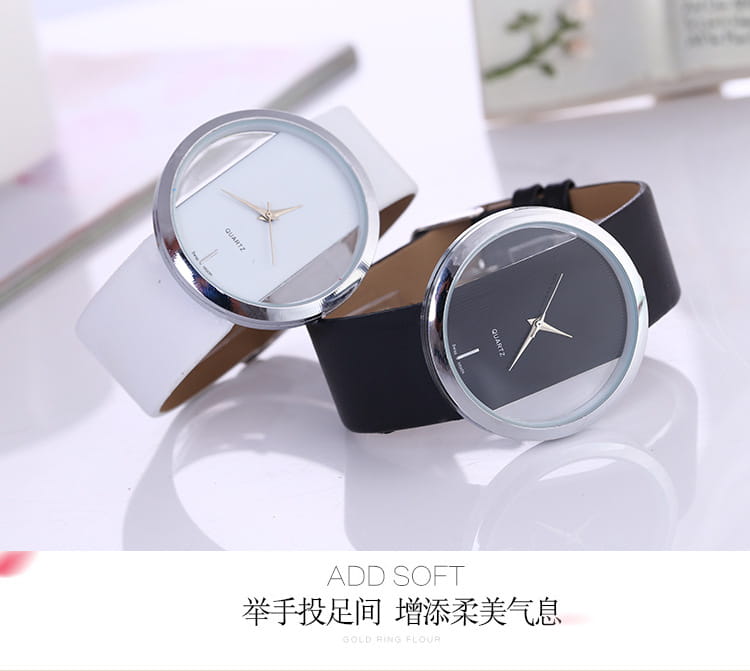 A minimalist silver-toned women luxury leather quartz watch with a sleek round transparent dial and a white or black leather strap.