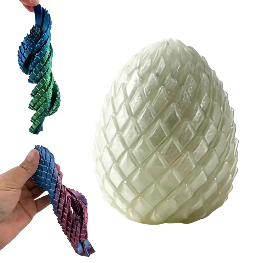 Glow-in-the-dark printed dragon egg fidget toy with segmented surface and flexible interlocking band design front view