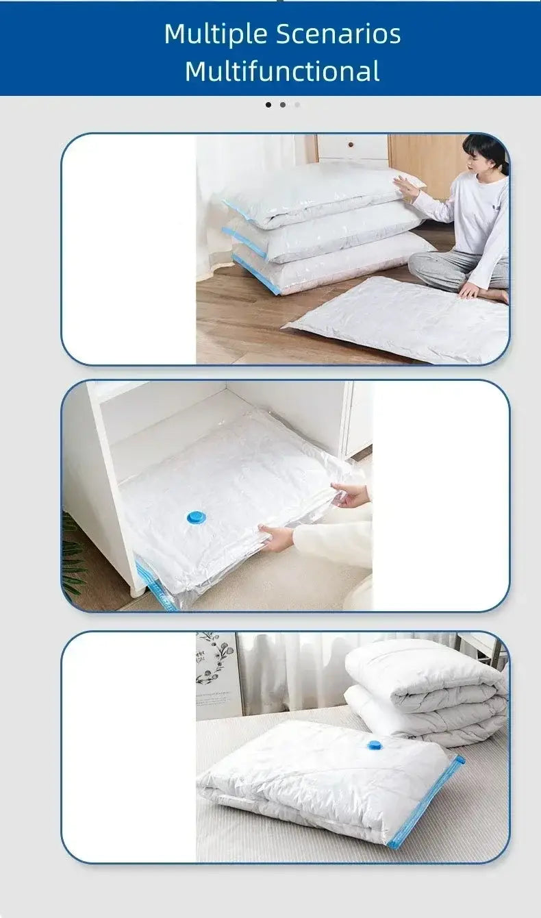 White vacuum bags for clothes with blue trim and a circular valve for compressing pillows quilts or clothing using a pump