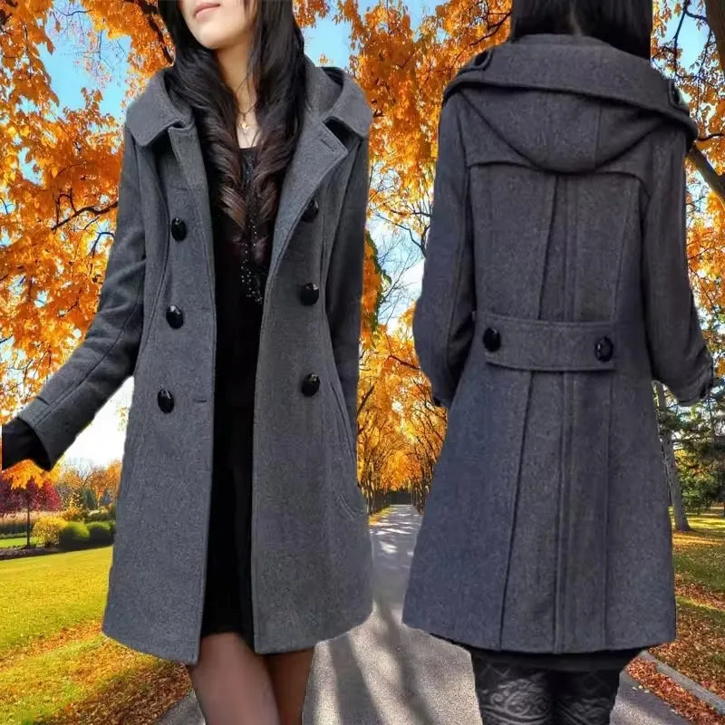 Fashion Winter Warm Mid-length Woolen Coat Women's Fall & Winter Long Sleeve Cotton Jacket with Hood  Double-breasted Outerwear