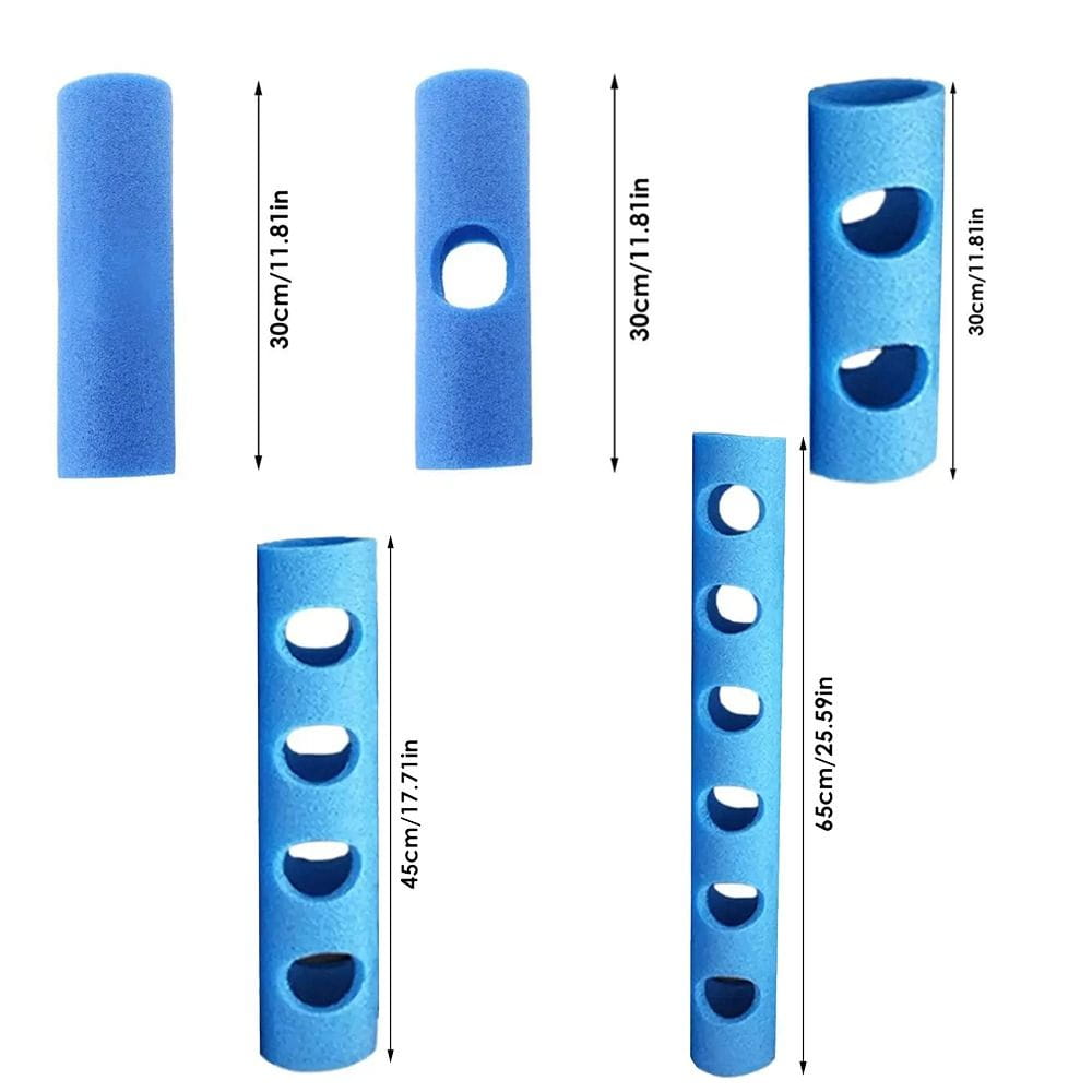 blue foam cylindrical pool noodle connector training aid float holders with varying hole patterns and lengths for swimming practice.