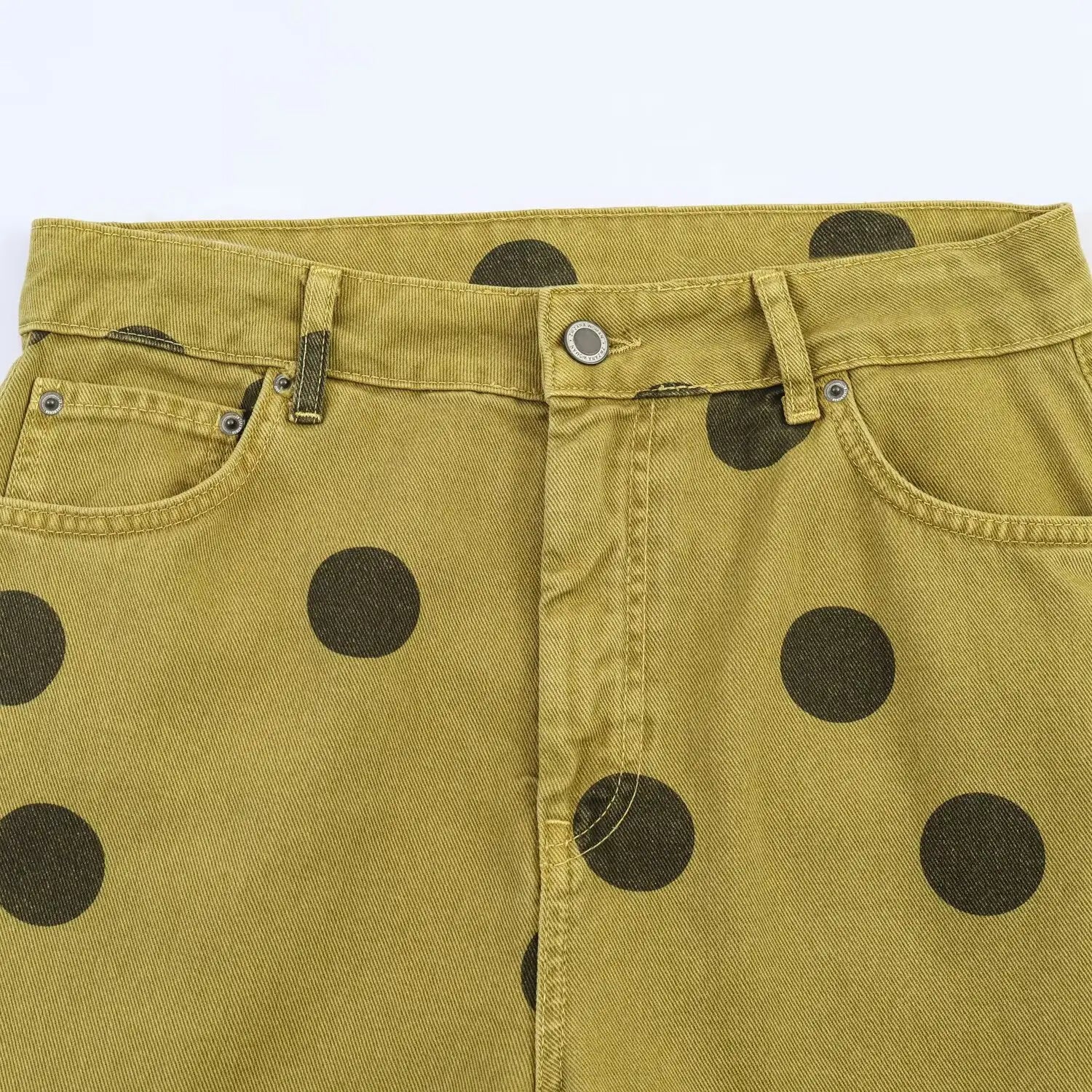 Olivgrüne Denim-Jeans mit weitem Bein mit auffälligen schwarzen Polka-Dots und einem Design mit hoher Taille
