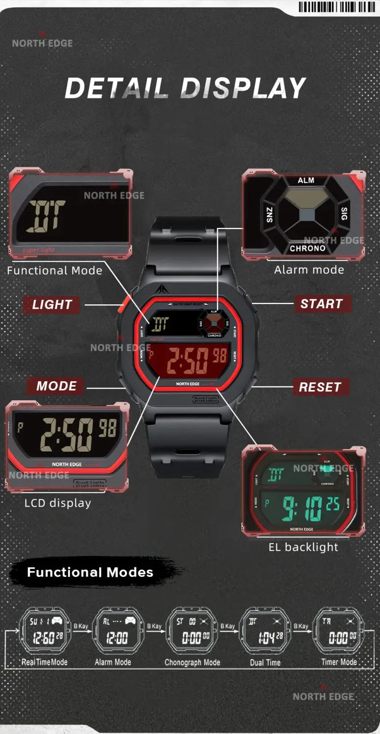 North edge digital watch with a red and black rugged rectangular abs plastic case featuring an illuminated led display and battery included, designed for 50m waterproof use.
