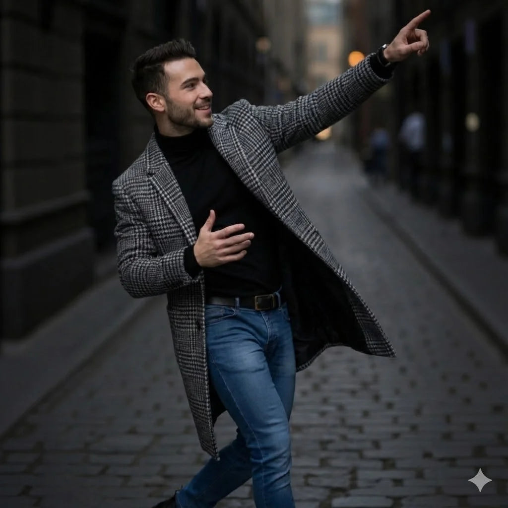Men's Single Breasted Woolen Blend Trench Coat, Stripes Long Warm Windproof Jacket for Autumn, Classic Solid Color Outerwear