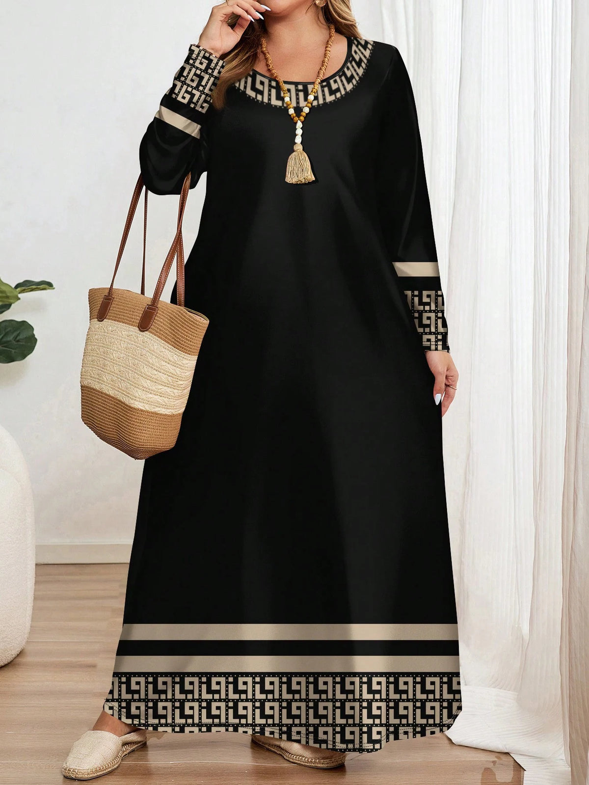Plus-size women's fashion ethnic geometric print round neck long sleeve dress