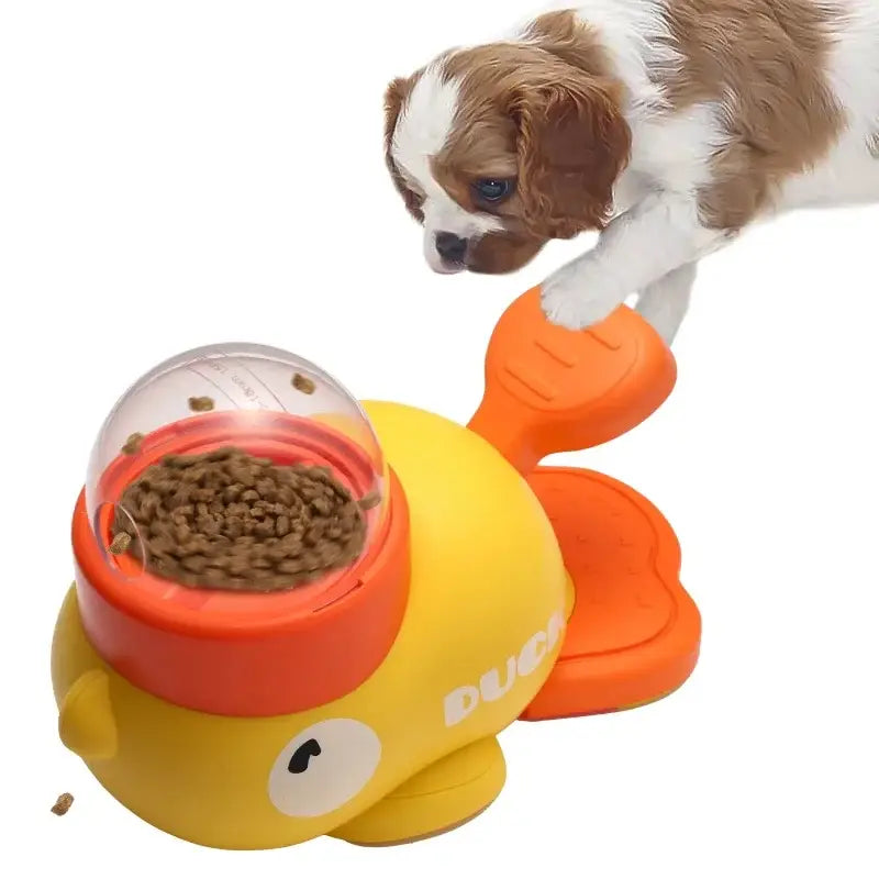 Jouets pour chat en forme de canard jaune et orange, distributeur automatique pour animaux de compagnie, avec couvercle transparent en forme de dôme pour une alimentation interactive