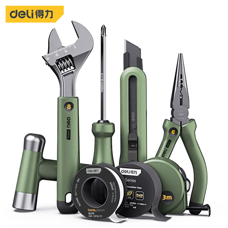 olive green and silver deli multitool hand repair tool kit featuring an 8-piece set with adjustable wrench, screwdriver, utility knife, pliers, hammer, tape measure, and insulation tape for home repair tasks