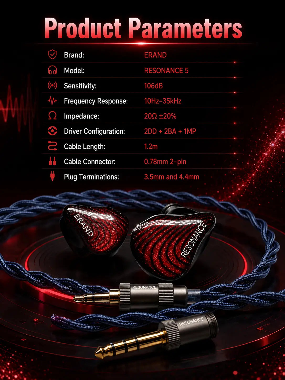 編組ケーブルを備え、RLCクロスオーバーを採用した赤色および黒色のErand Resonance 5 ハイブリッドIEMで、周波数特性を強化します。