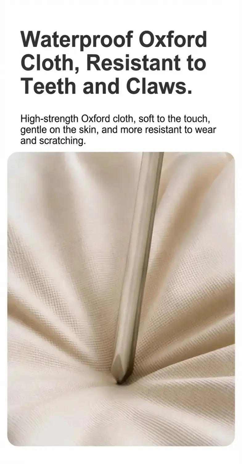 beige waterproof oxford cloth with a textured weave and reinforced stitching on the elevated dog bed white mesh raised pet cot.