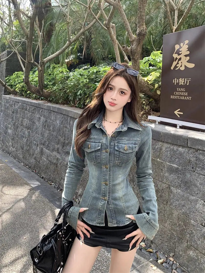 Women Denim Blouse Vintage New Spring Full Cotton Lace Up Solid Casual Jacket Jeans Women Street Style Euro-America Style