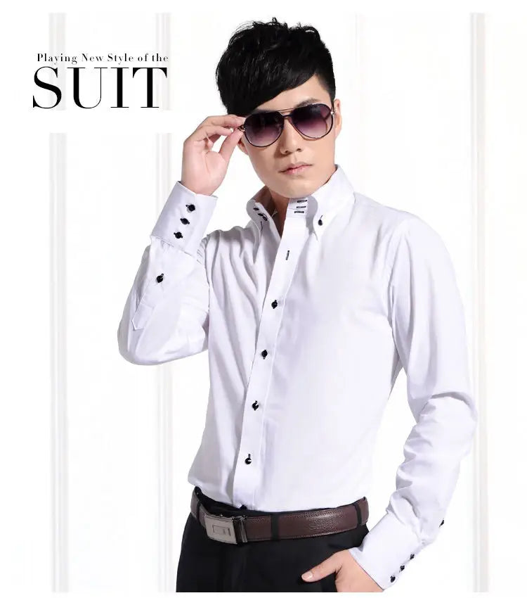 men slim fit long sleeve dress shirt in white with black button accents on the cuffs and placket designed for formal occasions.
