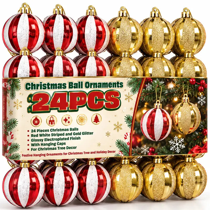 Christmas ball ornaments featuring red and white striped design with gold glitter and a glossy electroplated finish suitable for decorating a Christmas tree.
