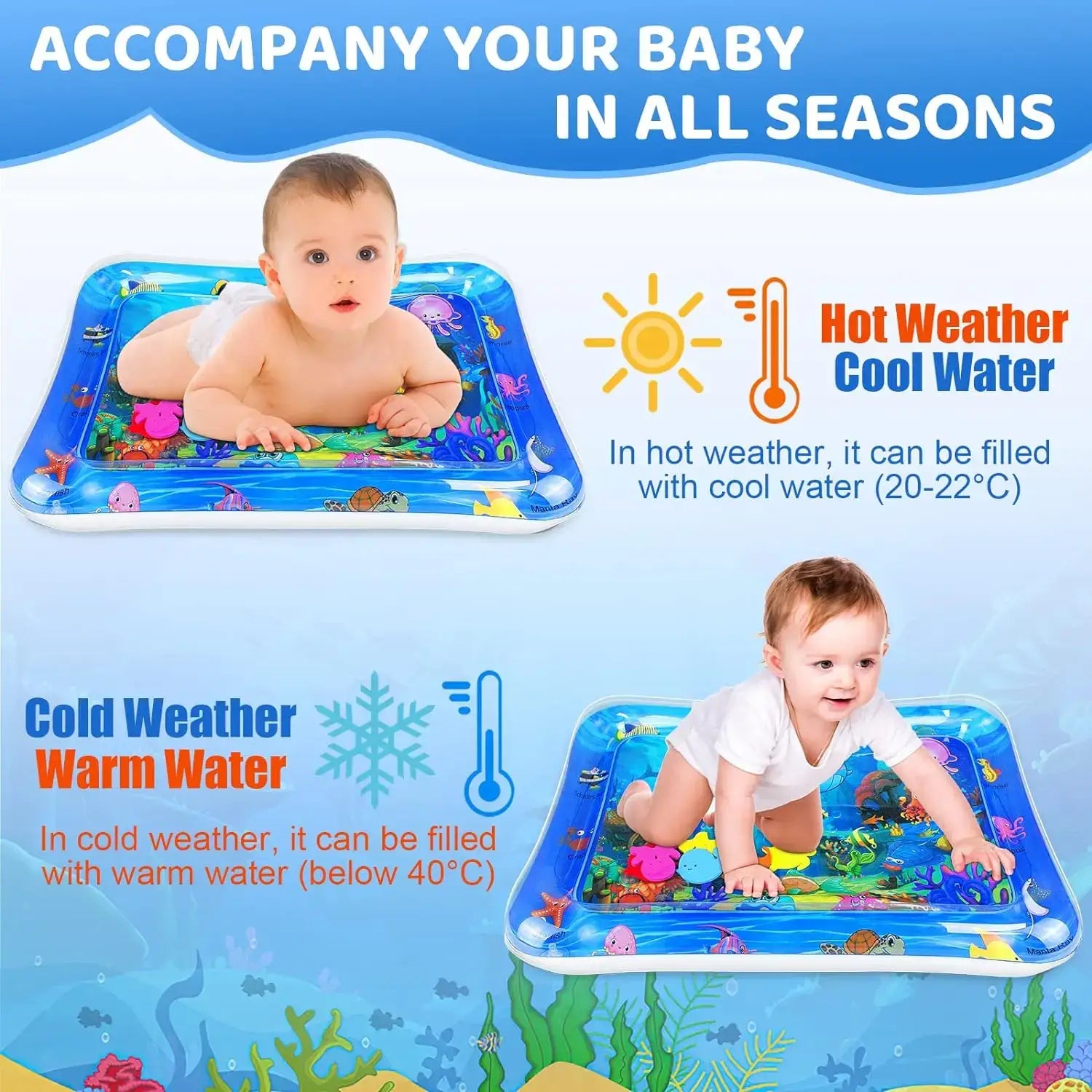 Blue inflatable water mat with colorful ocean-themed design and printed sea creatures for pet play.
