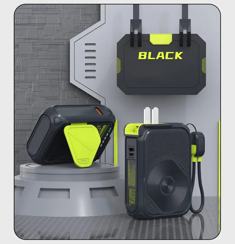 Magnetic power bank 20000mah fast wireless charger in black and neon yellow with solar panel usb ports and built in speaker showcasing its advanced battery feature and power bank feature.