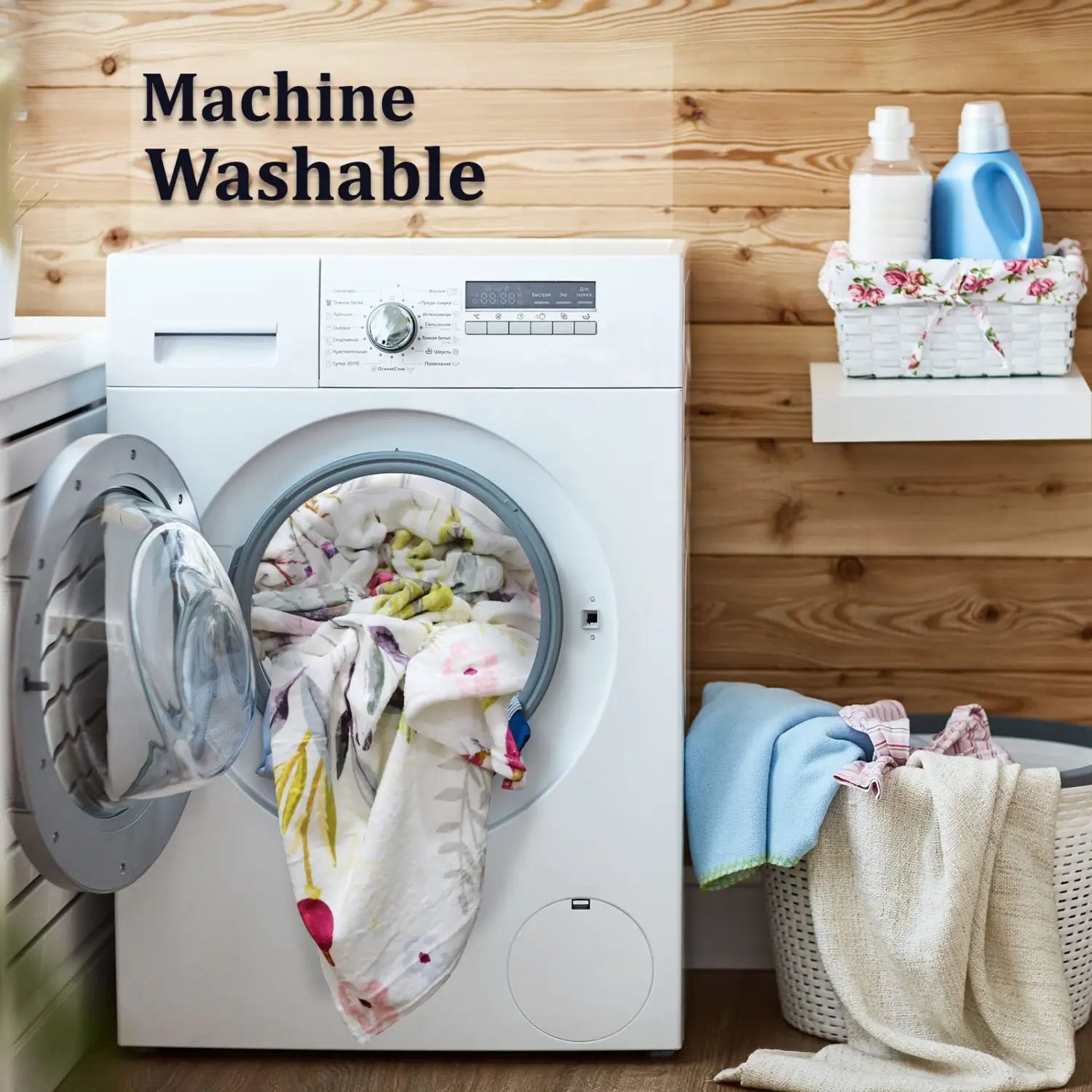 Weiße Frontlader-Waschmaschine mit Glastür und Bedienfeld, kombiniert mit einer individuellen Fotodecke für Papa als personalisiertes Geschenk.