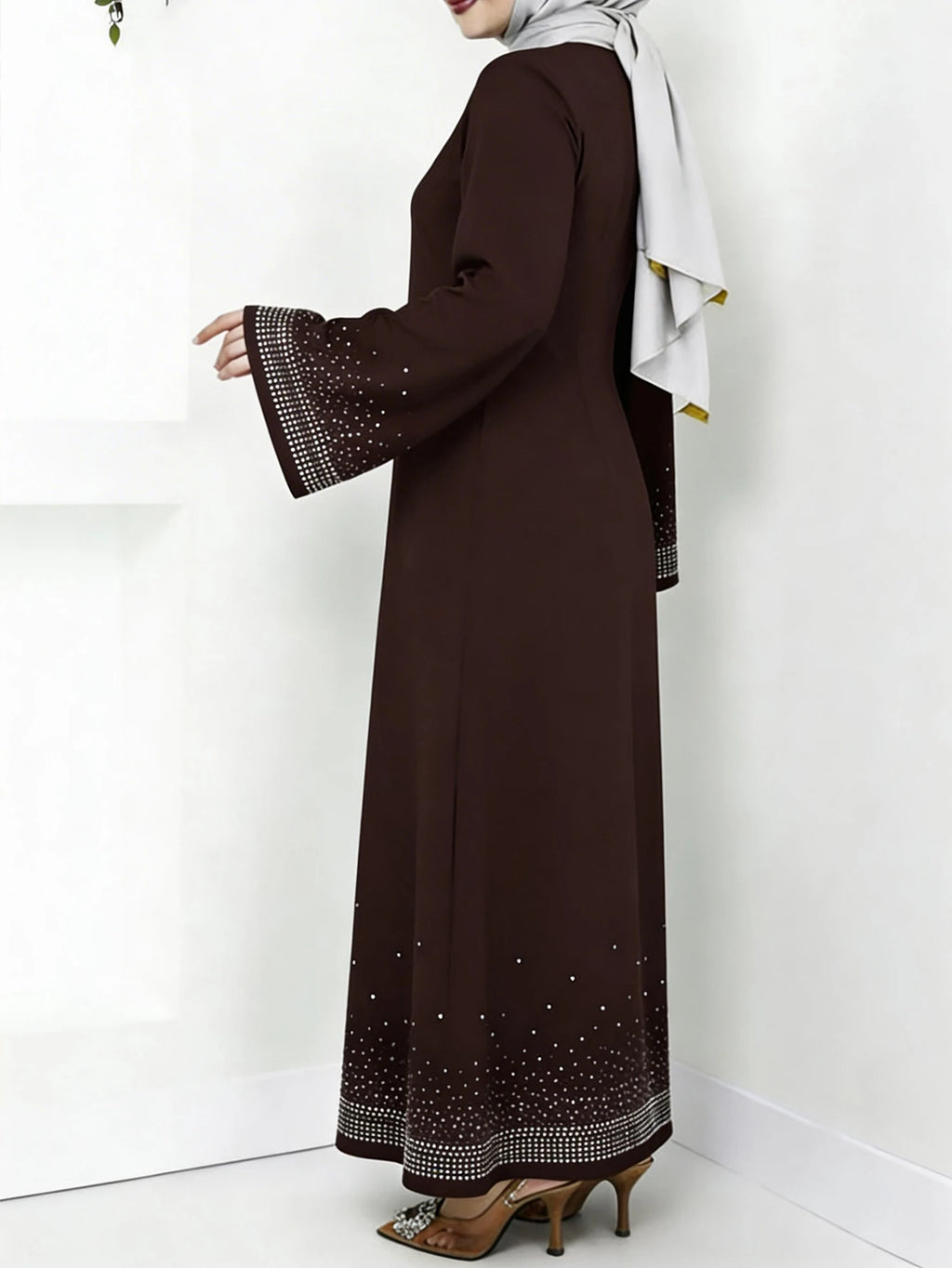 Middle Eastern Arabian Women Elegant Dress Long Sleeve Star Rhinestone Loose Solid Color