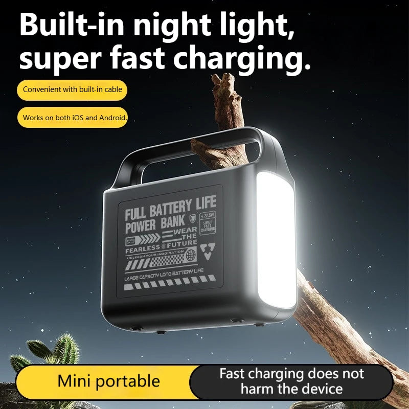 50000mAh Power Bank Large Capacity Portable Outdoor Emergency Power Supply Built-in Cable Camping Light For iPhone Xiaomi