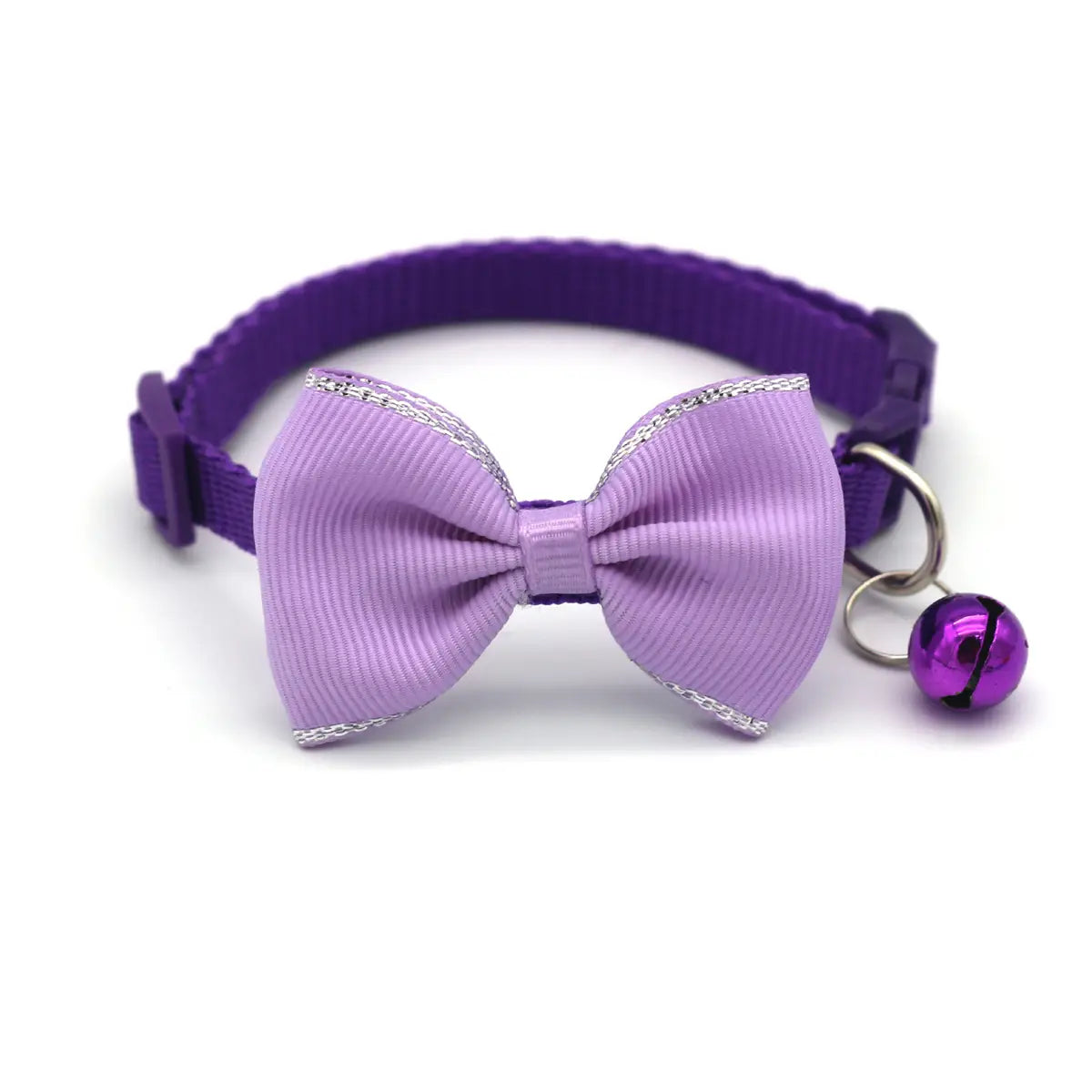 Purple ribbon bow tie cat collar with silver trim and matching purple bell adjustable for multicolor use.