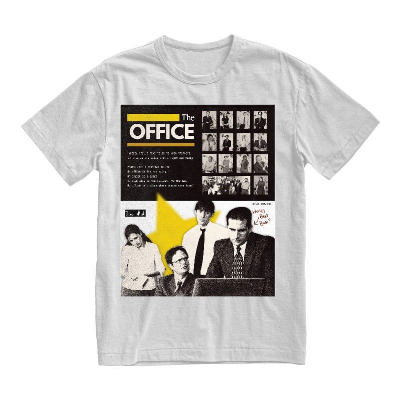 White unisex cotton t-shirt featuring a black and white graphic of The Office cast with bold yellow accents and text.