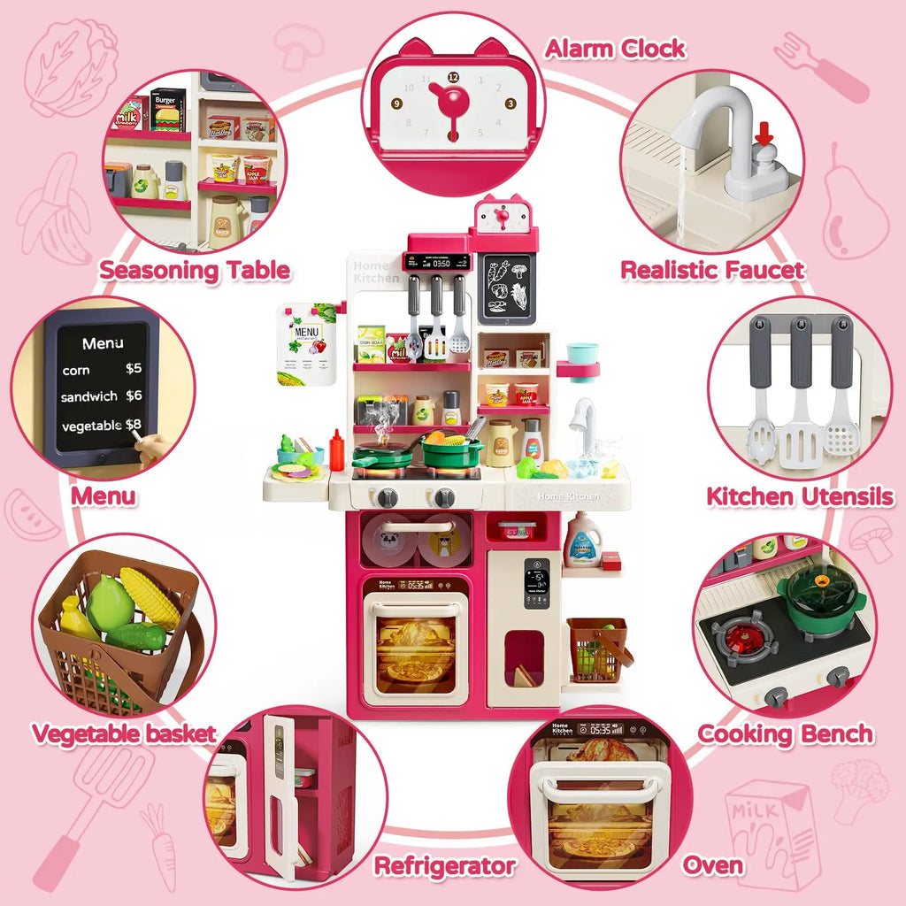 Simulated Kitchen Playset with Lights Sound Spray Steam, Kids Pretend Cooking Toy, Tableware Sink Set, Gift for Boys Girls