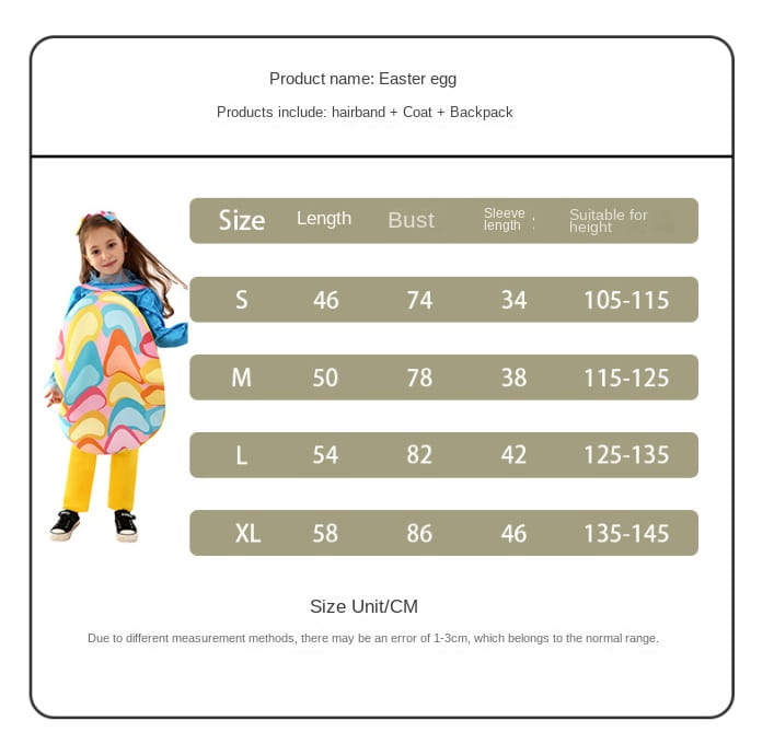 Osterhasen-Kostüm für Kinder mit einem farbenfrohen, eiförmigen Design und einem wellenförmigen Pastellherz-Muster, perfekt für Party-Outfits.