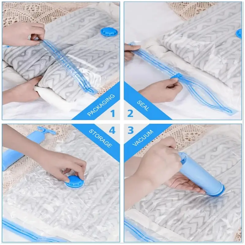 blue plastic vacuum storage hand pump with blue cap and handle used to compress clothes in clear zippered vacuum storage bags for space saving