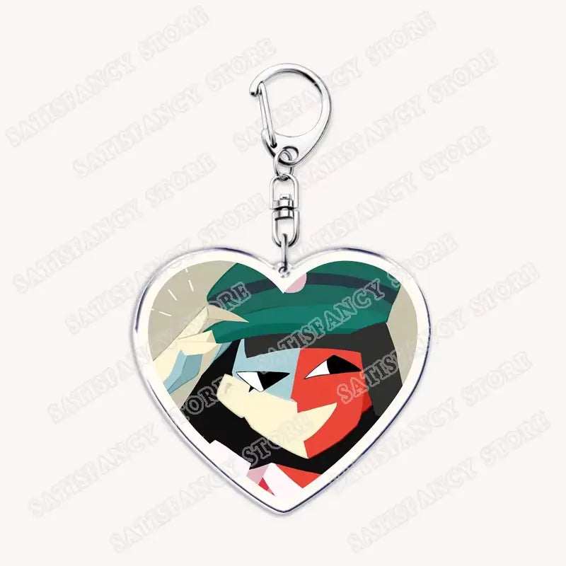 Herzförmiger Acryl-Schlüsselanhänger mit einer farbenfrohen Illustration eines Charakters mit grünem Haar und markanten roten sowie schwarzen Gesichtszügen, ideal als Geschenk für Anime-Gamer.