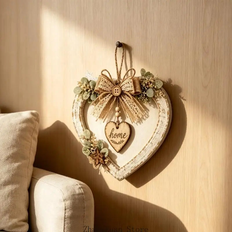 Plaque murale rustique en forme de cœur à DEL avec un cadre en bois blanc vieilli, ornée d’un nœud en toile de jute comportant un centre à bouton et des accents de verdure pour la décoration intérieure.