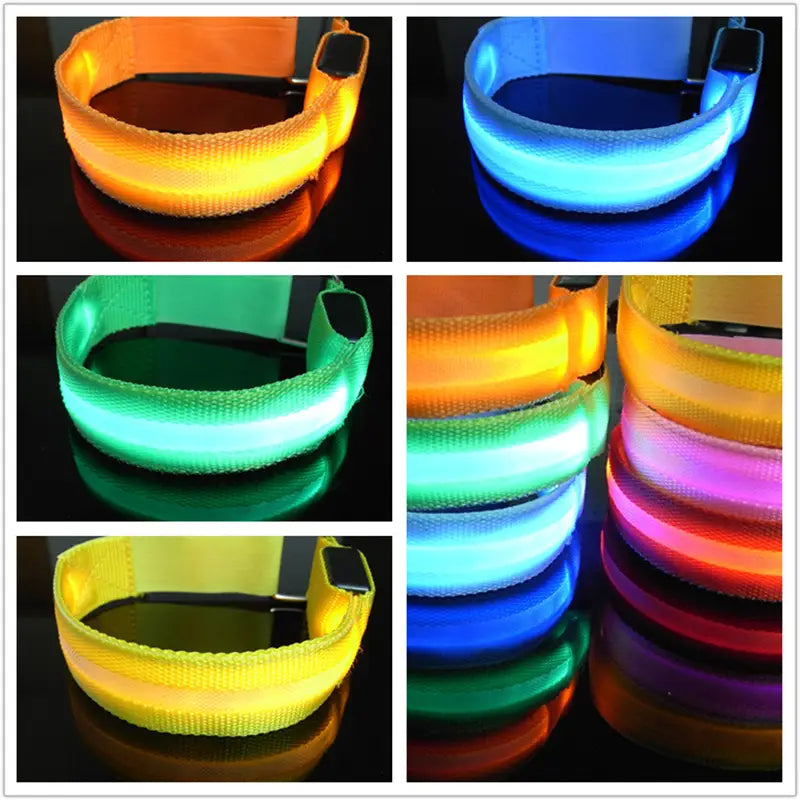 Brazalete de seguridad LED recargable por USB para correr, con exterior de tejido flexible y tiras LED internas que se iluminan en colores vibrantes: naranja, azul, verde, amarillo, rosa y morado.