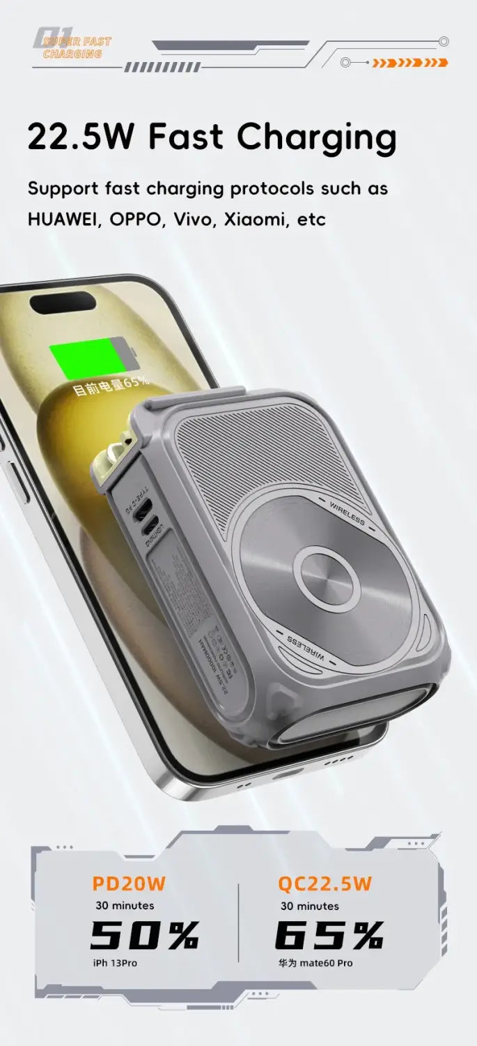 Silver metallic magnetic power bank 20000mah fast wireless charger with a circular speaker grille and multiple charging ports featuring a compact design to fit snugly around smartphones as a key power bank feature.