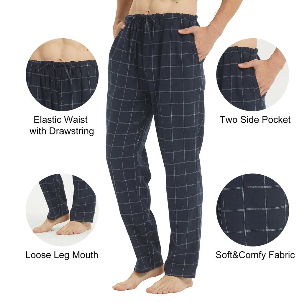 Men's Flannel Pajama Pants Plaid Cotton Warm Comfy Sleepwear with Drawstring Pockets And Button Fly - Lounge Bottoms M-XL