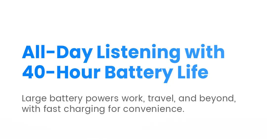 Texte bleu sur fond blanc faisant la promotion des écouteurs sans fil Haylou Flowbuds N55 avec une autonomie de 40 heures et un étui de charge.