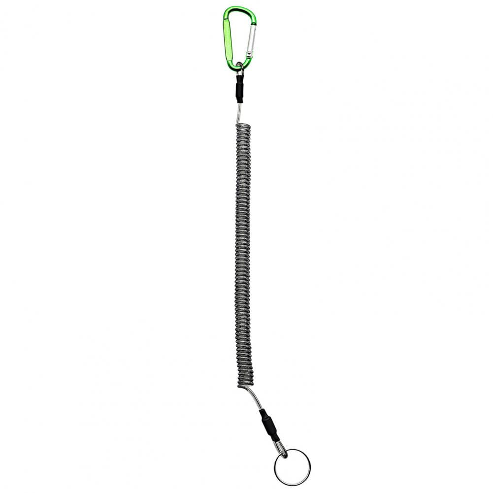 Retractable coiled spring anti-lost lanyard keychain with green carabiner, silver coiled cord, black connectors, and circular metal key ring.