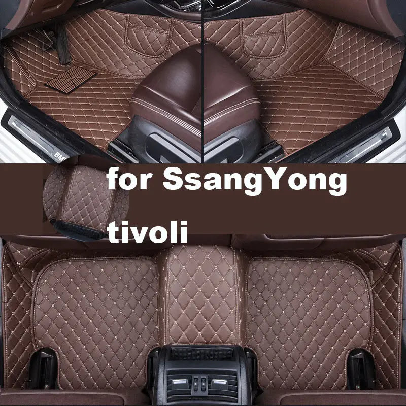Brown quilted leather car floor mats designed for a Ssangyong Tivoli showcasing custom fit and premium material.