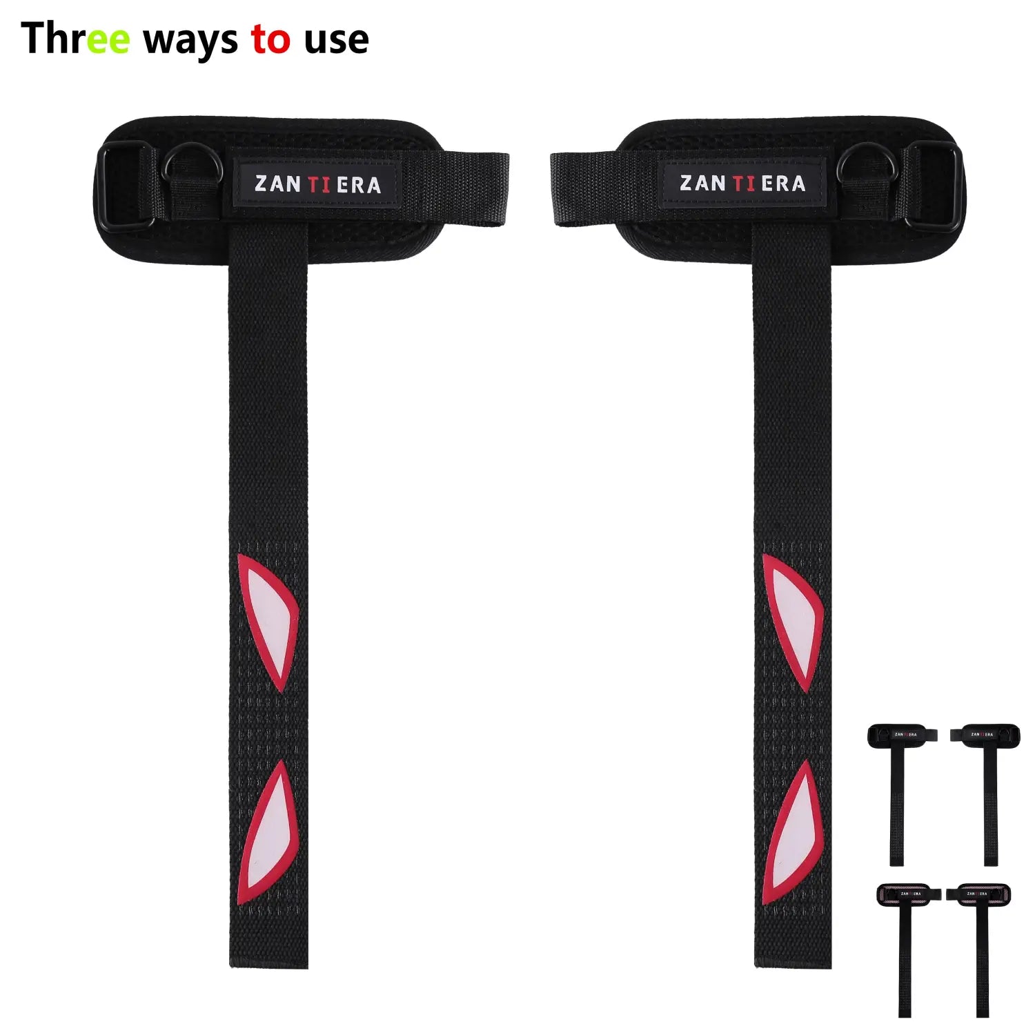 Accesorio de muñeca de soporte de fitness 3 en 1 color negro, con diseños triangulares tipo ojos en color rosa y blanco en las correas, para mejorar la estabilidad durante el entrenamiento.
