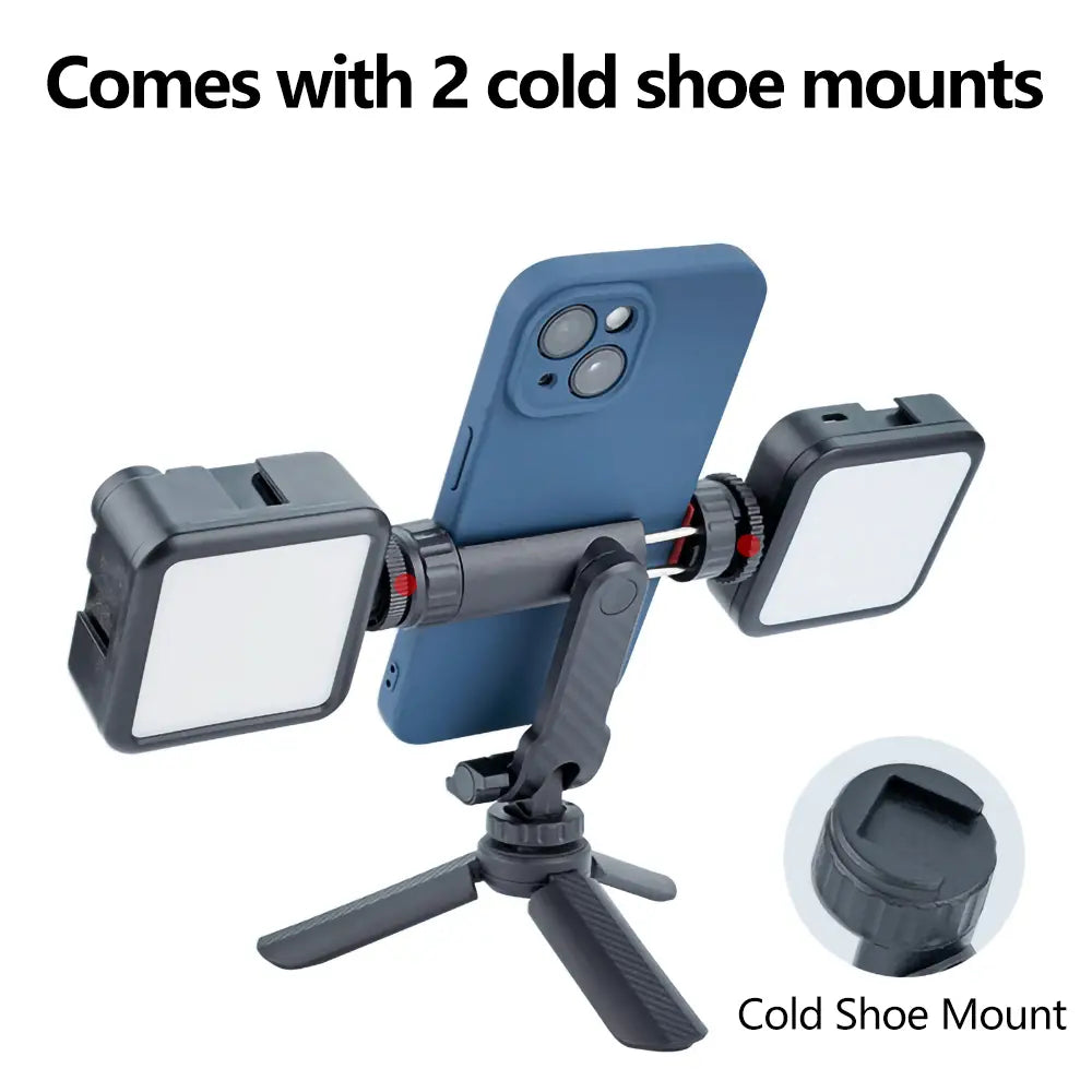 Multi-functional Phone Holder 360° Rotatable Clamp Phone Tripod Mount Rotatable with Dual Cold Shoe Mounts for Smartphone Vlog