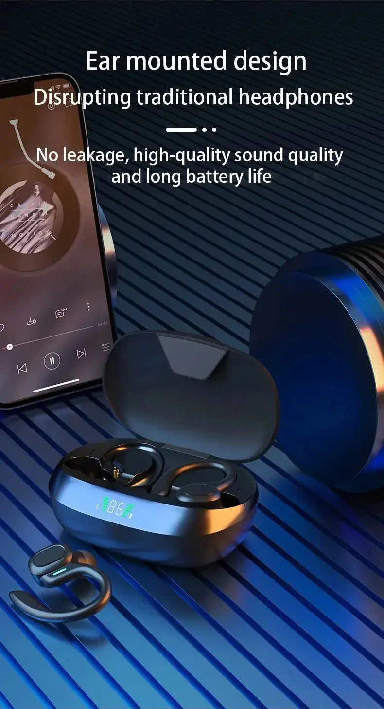 Black wireless sport ear hook earbuds with a sleek glossy finish and an illuminated charging case displaying the battery level designed for waterproof Bluetooth use.