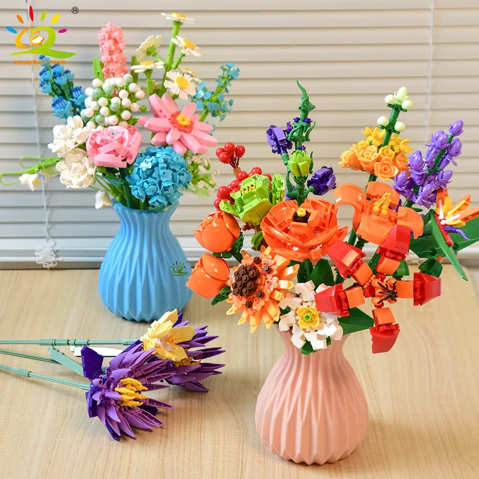 Ensemble de bouquet de fleurs en briques Lego aux couleurs vives, conçu pour les amateurs de blocs, comme élément décoratif.